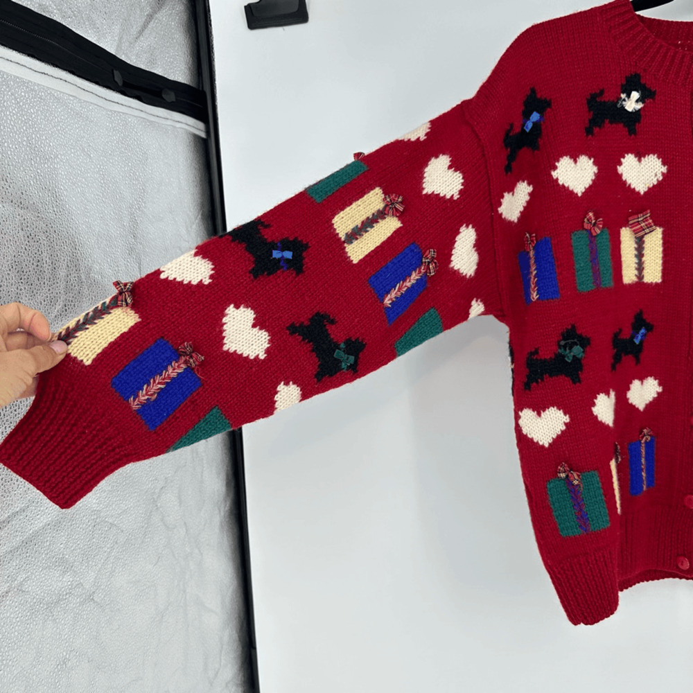 Vintage Preview Basics Red Wool Christmas Cardigan Scottie Dog Hearts Gifts S - Picture 6 of 9